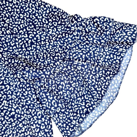 Women's Plus Size 2X Navy Leopard Round Neck Tiered Short Ruffled Sleeve Blouse - Picture 8 of 11